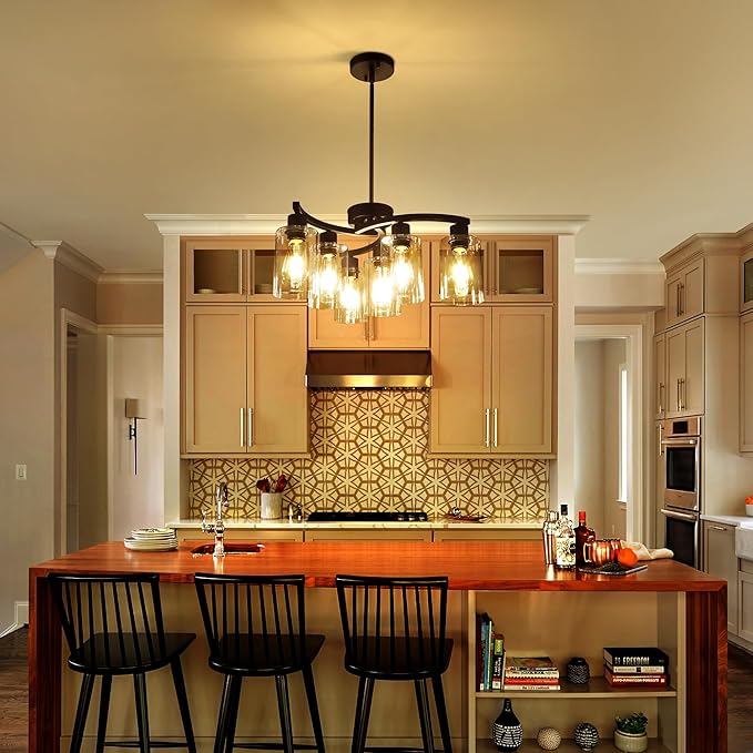 6 Light Modern Farmhouse Chandelier，Black Dining Room Light Fixture，Kitchen Pendant Lights Over Island with Glass Shade-Ruum Studio Home