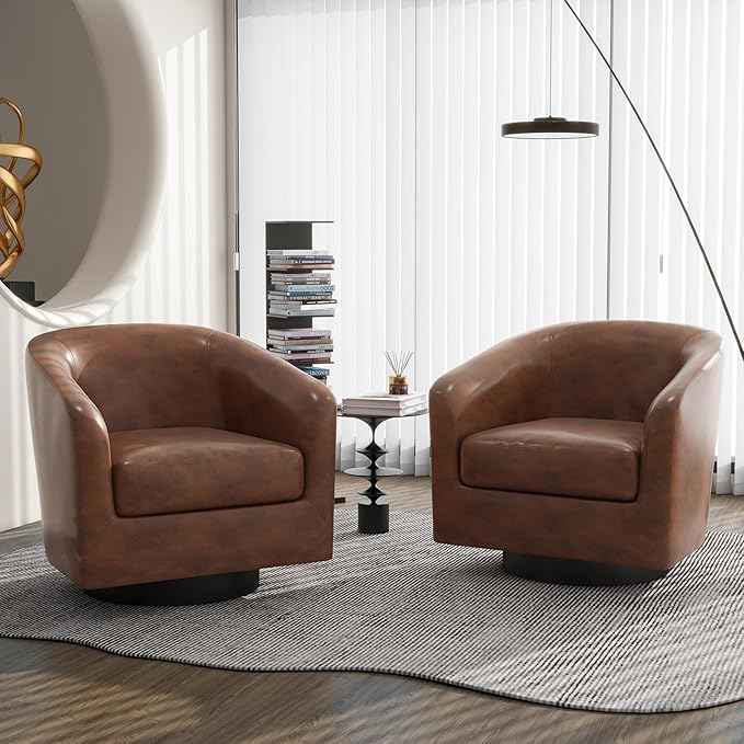 Swivel Barrel Accent Chair, Modern Round Faux Leather Arm Chair for Living Room, Bedroom, Comfy Club Reading Chairs for Adults(Faux Leather, Coffee, Set of 1)-Ruum Studio Home
