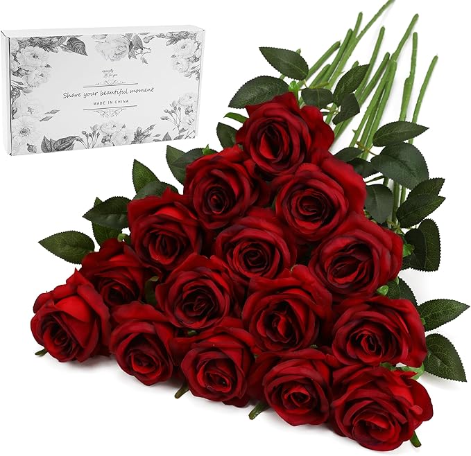 Burgundy Fake Roses Artificial Flowers - 16 Pcs Fake Artificial Roses Silk Flowers with Stems for Home Wedding Hotel Office Centerpiece Decor（Burgundy）-Ruum Studio Home