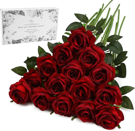 Burgundy Fake Roses Artificial Flowers - 16 Pcs Fake Artificial Roses Silk Flowers with Stems for Home Wedding Hotel Office Centerpiece Decor（Burgundy）-Ruum Studio Home