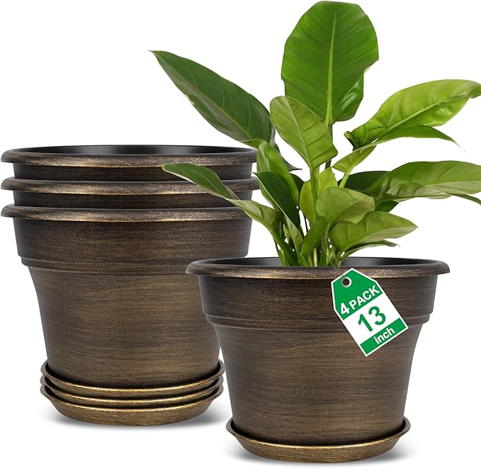 Plant Planters Pots Set of 4 Pack 13 Inch，Large Plastic Flower Pot for Indoor Plants with Drainage Holes & Trays, Resin Decorative Container Sets with Saucer for House Outdoor Garden Plant Dark Gold-Ruum Studio Home