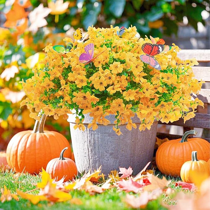 ‌20 Bundles Artificial Flowers for Outdoors‌ with 6 Faux Butterflies, UV Resistant ‌Fake Flowers‌ with Eucalyptus Leaves, ‌Artificial Plants Outdoor‌ for Patio Garden Porch Home Decor (Yellow)-Ruum Studio Home