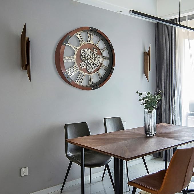DORBOKER 24" Original Moving Gears Wall Clock, Large Industrial Wall Clock for Living Room Decor,Oversized Wood Vintage Farmhouse Steampunk Rustic Clocks for Wall Decor,Black Walnut-Ruum Studio Home
