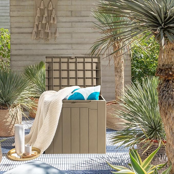 JUMMICO 31 Gallon Resin Deck Box Waterproof Indoor Outdoor Storage Boxes for Patio Furniture Cushions and Garden Tools (Light Brown)-Ruum Studio Home