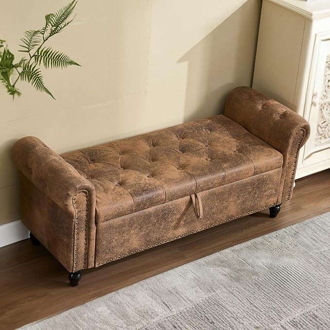 Furniliving 55” End of Bed Bench, Bedroom Bench with Button-Tufted, Large Upholstered Storage Ottoman Entryway Bench with Storage Shoe Cabinet Bench, for Bedroom, PU, Coffee-Ruum Studio Home