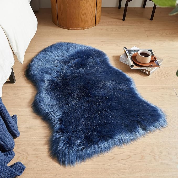 AMTOVO Faux Fur Rug, Dark Blue Small Area Rug, Fluffy Sheepskin Rug, Fuzzy Ultra Soft 2 x 3 ft Shag Rugs for Bedroom Sofa Throw Cushion Room Decor, Sheepskin-Ruum Studio Home