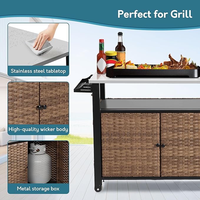 Grill Cart Outdoor with Wheels, Outdoor Prep Table with Wicker Storage and Rolling Wheels, Kitchen Island Serving Cart with Stainless Steel Table Top for BBQ, Porch, Patio, Brown-Ruum Studio Home