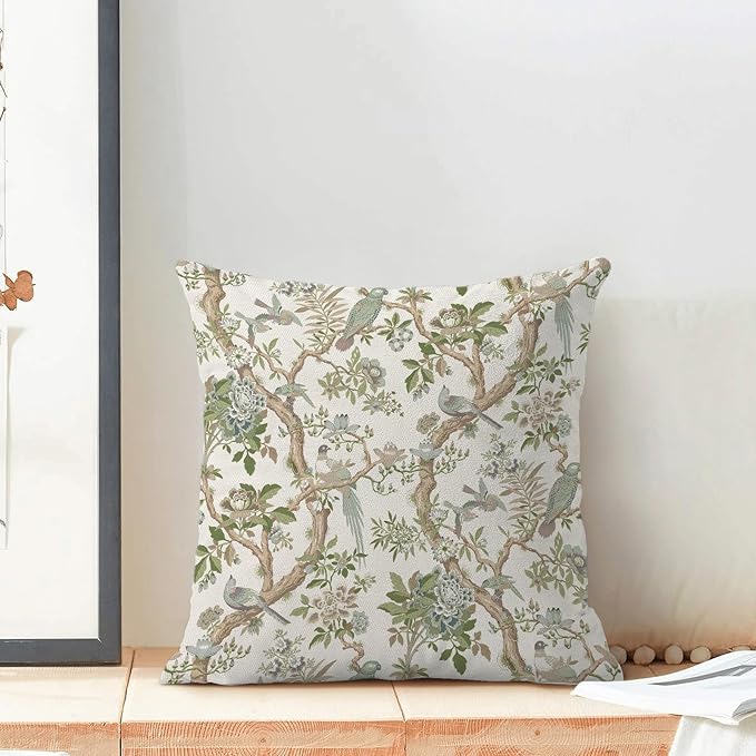 CXMEIFLY Chinoiserie Spring Pillow Covers 20 x 20 Inch Set of 2 for Sage Green Blue Vintage Flowers Bird Decor Throw Pillows Plant Farmhouse Outdoor Decorative Cushion Cases for Couch Bed Decorations-Ruum Studio Home