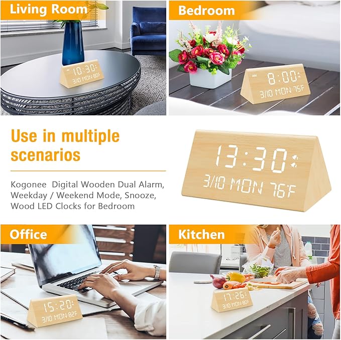 Kogonee Wooden Digital Alarm Clock, 0-100% Dimmer, 2 Alarm Settings, Weekday/Everyday Mode, 9 Mins Snooze, 12/24H, Temperature and Date Display for Office, Travel, Bedroom Alarm Clock (Bamboo)-Ruum Studio Home