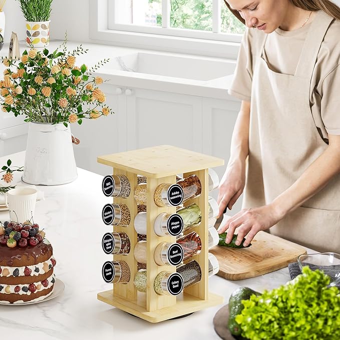 WelFurGeer Bamboo Spice Rack Organizer for Countertop, Revolving Spice Shelf with 16 Glass Jars, Lids & Labels, Desktop Rotating Seasoning Organizer for Kitchens, Space-Saving Design-Ruum Studio Home