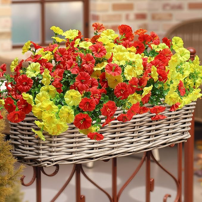 Artificial Mums for Outdoors Fake Fall Flowers Plants for Autumn Decoration, 12 Bundles Silk Morning Glory with Eucalyptus Look Real UV Resistant Faux Mums for Outside Planters Yard Patio Porch, Mix-Ruum Studio Home