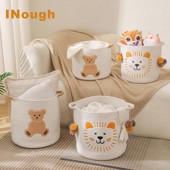 Large Blanket Baskets for Living Room Decor, Toy Storage Baskets Woven Cotton Rope Animal Storage Basket for Kids, Dog Toys Organizer Clothes Hamper with Embroidery Decor for Nursery (Large, Lion)-Ruum Studio Home