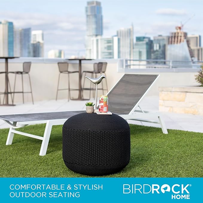 BIRDROCK HOME Outdoor Pouf Ottoman | Hand Woven Waterproof Foot Stool with Bead Bag Filling | Boho Foot Rest for Patio, Living Room, Porch & Outdoor Seating | Lightweight, Soft Stuffed Chair | Black-Ruum Studio Home