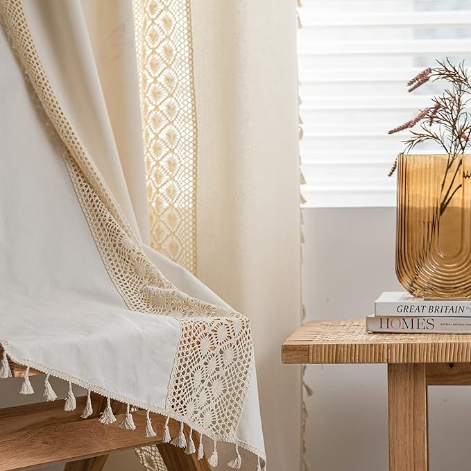 Sutuo Home Boho Curtain Crochet Dots Patchwork Semi-Blackout Bohemian Handmade Tassels, Rod Pocket Window Treatment Vintage Rustic Farmhouse Drapes for Living Bedroom, 1 Panel 59" W x 84" L, Beige-Ruum Studio Home