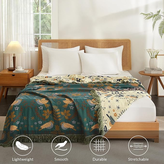 Boho Throw Blanket for Couch Sofa Bed, 100% Cotton Woven Quilt with Tassel 90”x98”, Super Soft Muslin Blanket with Bird Printed, Decorative Reversible Bed Blanket/Cover for All Seasons-Ruum Studio Home