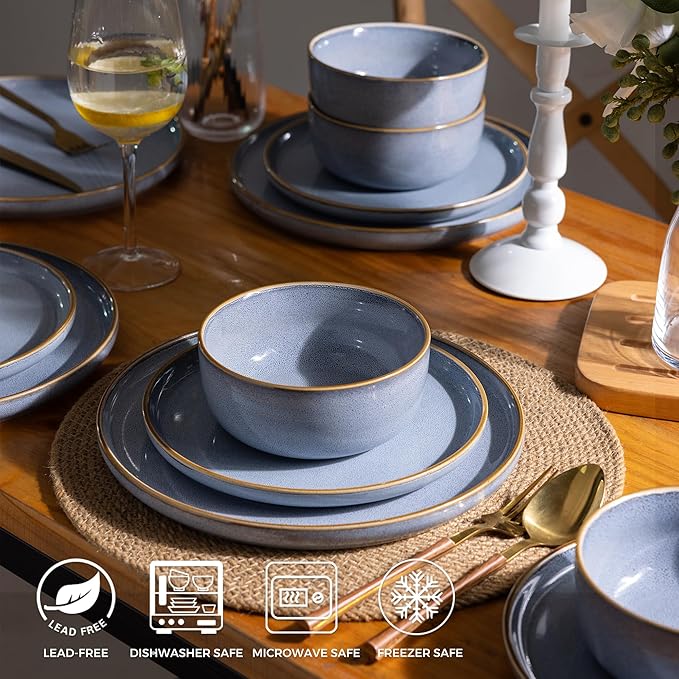 GBHOME Ceramic Dinnerware Sets for 8, 24 Pieces Stoneware Plates and Bowls Sets, Scratch Resistant Dishes, Dishwasher & Microwave Safe, Reactive Glaze-Brunnera Blue-Ruum Studio Home