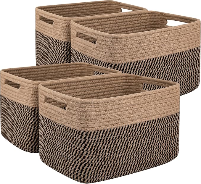 OIAHOMY 4 Pack Storage Baskets for Organizing, Basket for Shelves with Handle, Woven Baskets for Storage Toys, Towels, Books, Cotton Rope Basket 13" L x 9 " W x 7.8 " H, Brown & Black-Ruum Studio Home