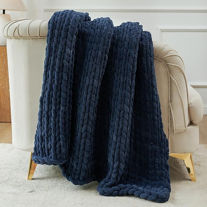 Esterra Chunky Knit Throw Blanket Newly Upgraded Heavy Tighter Version, Handmade Chenille Throw Super Soft, Thick Yarn Cable Knit Crochet Throw Blanket for Couch Bed Sofa, 50"x60", Navy Blue-Ruum Studio Home