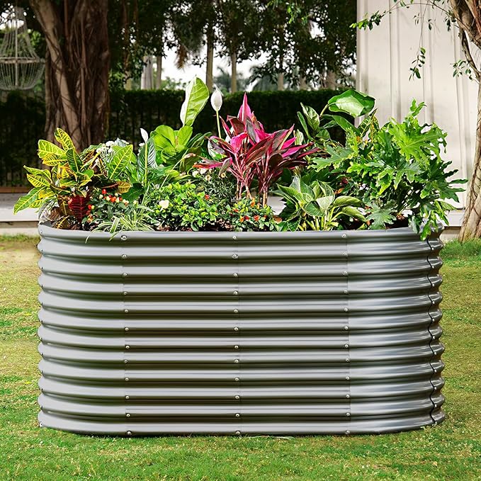 Land Guard 8x4x3ft Oval Galvanized Raised Garden Beds, Large-Capacity Metal Planter Box Outdoor, Durable Deep Raised Garden Bed 3ft Tall, Raised Beds for Gardening Vegetables, Modern Gray-Ruum Studio Home