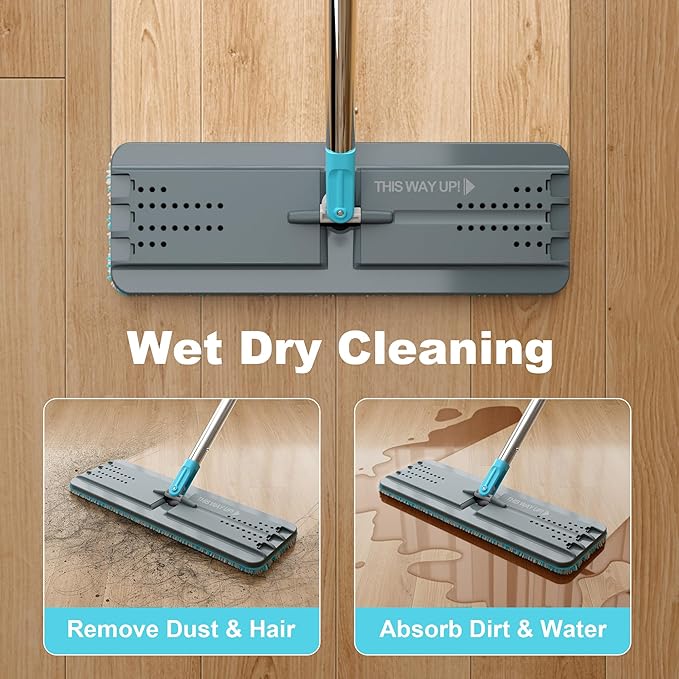 JOYMOOP Mop and Bucket Set with Wringer, with 5 Reusable Microfiber Mop Pads, Mops for Floor Cleaning and Wall Cleaning, Hands-Free Flat Mop for Home Use - Grey+Cyan Blue-Ruum Studio Home