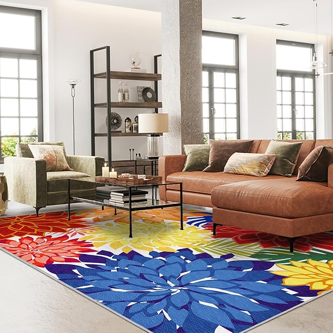Indoor Outdoor Area Rug 8x10 Patio Washable Multicolored Patio Rug Tropical Botanical Modern Floral Indoor Outdoor Carpet Non-Slip for RV, Pool Deck, Backyard, Porch-Ruum Studio Home
