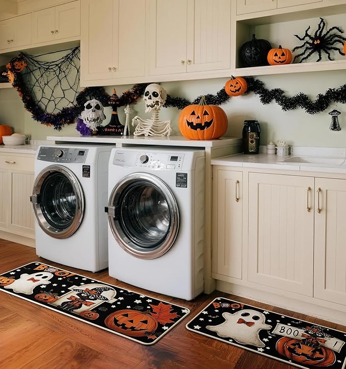 Halloween Kitchen Mat Set of 2, Pumpkin Ghosts Boo Cat Halloween Decor, Halloween Rug for Floor, Indoor Home Decor with Non-Slip Backing,17 x 29 Inch & 17 x 47 Inch-Ruum Studio Home