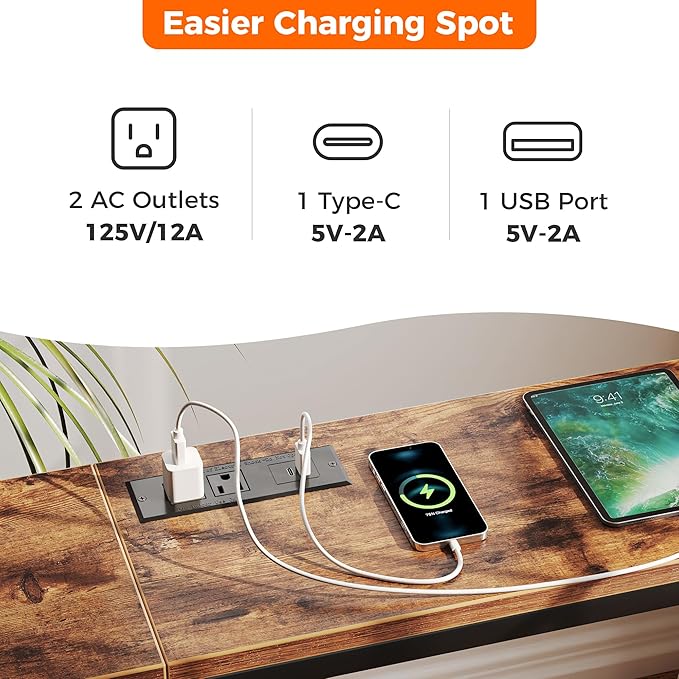 SUPERJARE 70 Inch Console Table with Outlet, Sofa Table with Charging Station, Narrow Entryway Table, Skinny Hallway Table, for Living Room, Rustic Brown-Ruum Studio Home