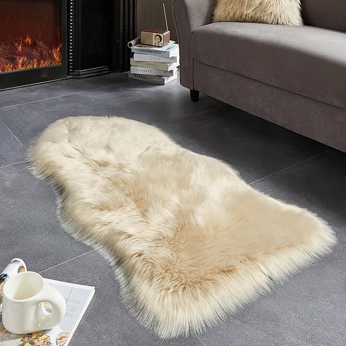 AMTOVO Faux Fur Rug, Beige Area Rug, Fluffy Sheepskin Rug, Fuzzy Ultra Soft 2 x 4 ft Shag Rugs for Bedroom Sofa Throw Cushion Room Decor, Sheepskin-Ruum Studio Home