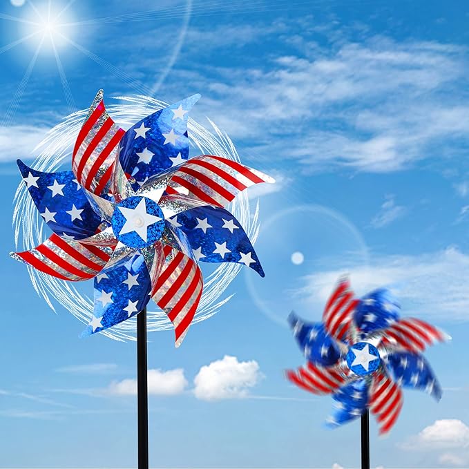 Hausse 10 Pack Reflective Pinwheels Patriotic Decorations, American Flag on Stick Wind Spinner with Stake for Independence Day, Memorial Day July of 4th Party Supplies, Scare Birds Repellent Devices-Ruum Studio Home