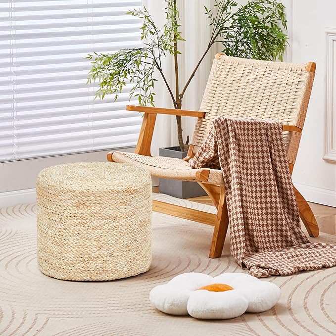 Wimarsbon 18'' Ottoman Pouf, Natural Braided Poof, Rustic Handweave Lounge Pouffe, Boho Footrest Stool for Bedroom, Accent Table or Seat for Living Room (Natural Corn Husk)-Ruum Studio Home