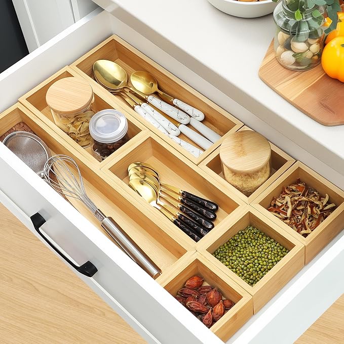 Bamboo Drawer Organizer Set, 9 PCS Multi-Use Individual Wood Storage Organizers, Junk Drawer Divider and Storage Trays Containers for Kitchen, Bathroom, Office Desk, Makeup, Jewelry, Utensils-Ruum Studio Home