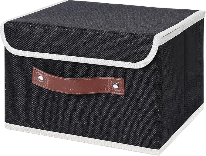 ANMINY Storage Bin with Lid Storage Boxes with PU Leather Handles PP Plastic Board Decorative Foldable Lidded Cotton Linen Fabric Home Cubes Baskets Closet Organizer Container - Black, Small Size-Ruum Studio Home