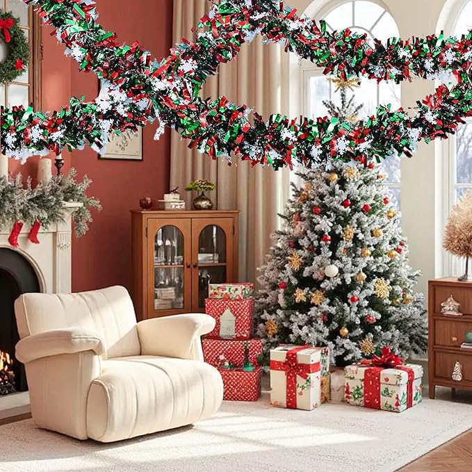 50 Feet Green Red Christmas Metallic Tinsel Twist Hanging Garland with Snowflake for Home Mantle Xmas Tree Staircase Railing New Year Holiday Party Indoor Outdoor Decorations-Ruum Studio Home