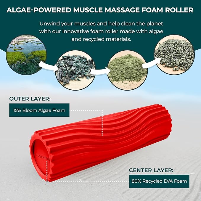 Oceanfoam Tidal Roller - Red - Muscle Massage Foam Roller for Back Pain & Stretching - Firm and Ergonomic Wide Wave Textured - Yoga, Athletics, & Wellness - Full Size, 20" x 5"-Ruum Studio Home