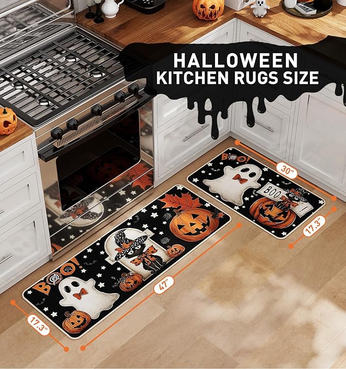 Halloween Kitchen Mat Set of 2, Pumpkin Ghosts Boo Cat Halloween Decor, Halloween Rug for Floor, Indoor Home Decor with Non-Slip Backing,17 x 29 Inch & 17 x 47 Inch-Ruum Studio Home