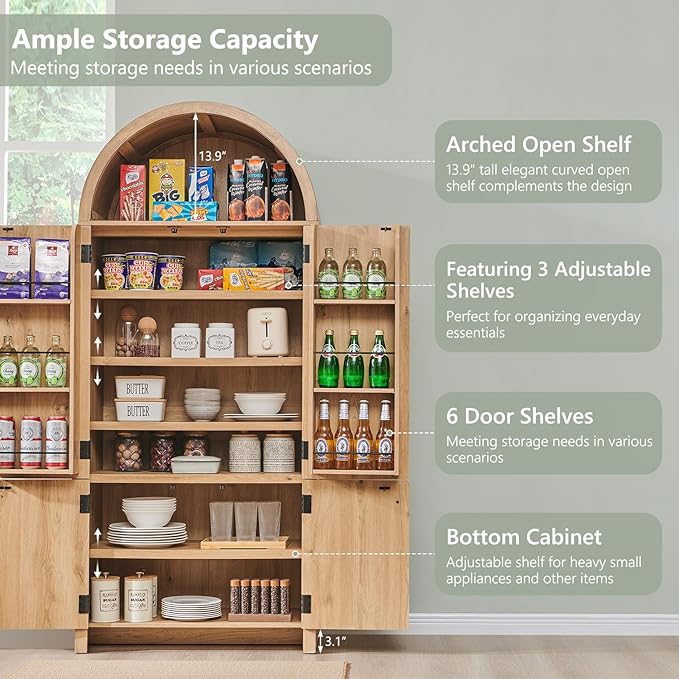 71" Tall Arched Bathroom Storage Cabinet, Modern Fluted Storage Cabinet w/Doors, 3 Adjustable Shelves, 6 Door Shelves, Wood Freestanding Cabinet for Bathroom, Entryway, Hallway, Natural-Ruum Studio Home