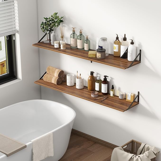 Fun Memories Deep Floating Shelves, 55W x 12D Floating Shelves for Wall, Wood Floating Shelf with Bracket, Wide Display & Storage Wall Shelves for Living Room, Bedroom, Walnut-Ruum Studio Home