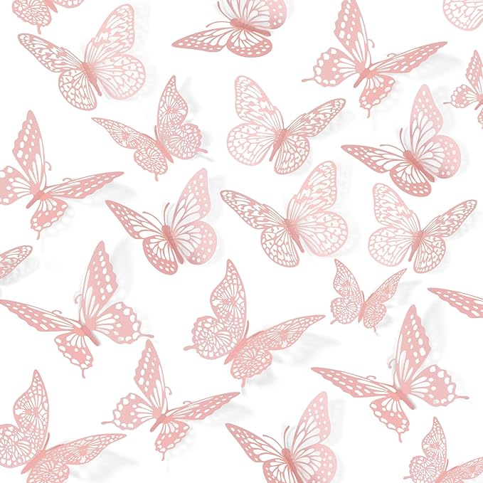 SAOROPEB 3D Butterfly Wall Decor - 48 Pcs, 4 Styles, 3 Sizes - Removable Wall Stickers for Pink Room Decor, Birthday Parties, Cake Decorations-Ruum Studio Home