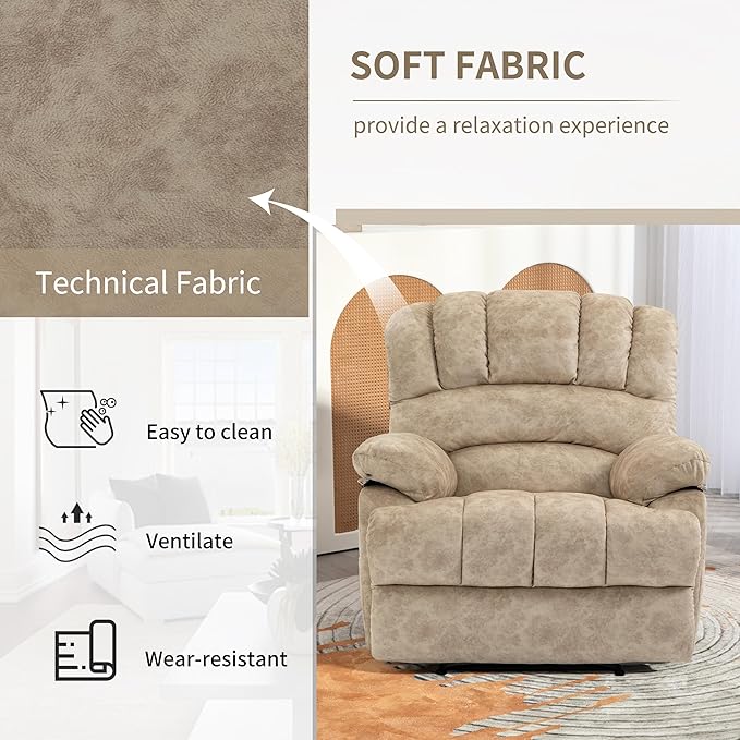 Luxlen Large Manual Recliner Chair,Soft Fabric Push Back Recliner with Overstuffed Armrest and Backrest, Living Room Single Sofa Recliners,Beige-Ruum Studio Home