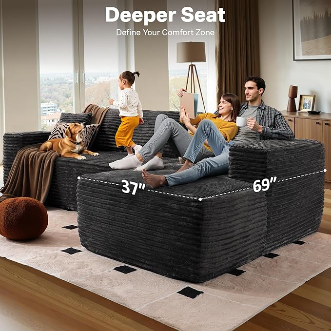 106" Cloud Sectional Couches for Living Room,Plush Corduroy Boneless Couch with Comfy Chaise,L Shaped Sofa in A Box No Assembly Require,Grey-Ruum Studio Home
