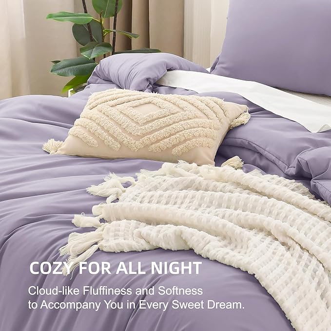 Litanika Grayish Lavender Purple Comforter Set King Size, 3 Pieces Lightweight Solid Bedding Comforter Set, All Season Fluffy Bed Set (104x90In Comforter & 2 Pillowcases)-Ruum Studio Home