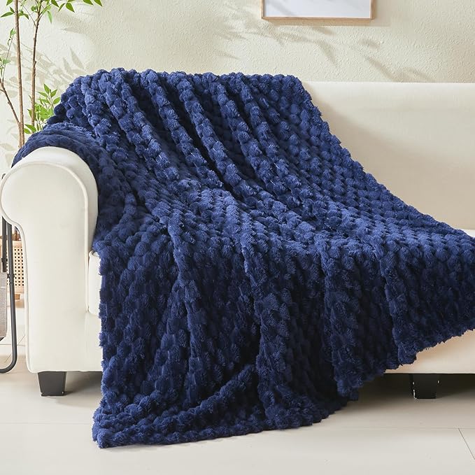 NEWCOSPLAY Super Soft King Blanket Dark Navy Premium Silky Flannel Fleece 3D Clouds Stylish Jacquard Lightweight Bed Blanket All Season Use 350GSM (Dark Navy, King(90"x110"))-Ruum Studio Home