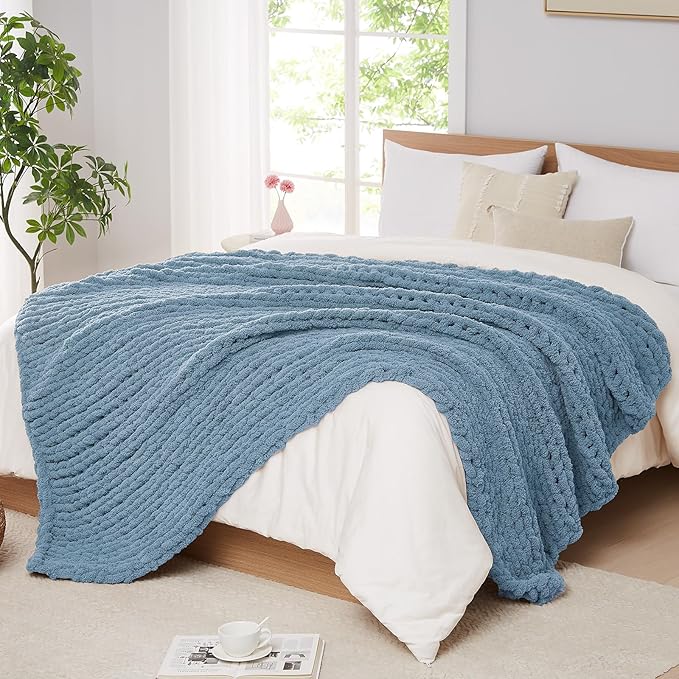 L'AGRATY Chunky Knit Blanket Throw: 72''x84'' Chenille Chunky Knitted Throw Blankets for Bed Couch - Handmade Thick Big Cable Knit Blanket - Large Crochet Rope Blankets for Home Decor(Airy Blue)-Ruum Studio Home