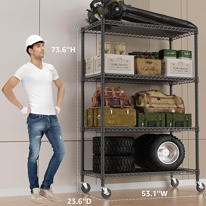 IZEUK Garage Shelving Wide Storage Shelves 4 Tier Metal Shelves 3200 LBS Heavy Duty Adjustable Utility Shelf Rack Black 23.6" D x 53.1" W x 73.6" H-Ruum Studio Home