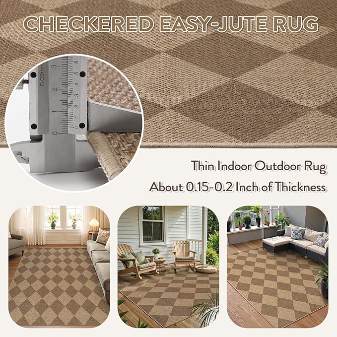 Lahome Checkered Easy Jute Indoor Outdoor Rug, 5x7 Area Rugs for Living Room Nature Large Dining Room Carpet, Washable Non Slip Indoor Outdoor Carpet for Home Office Bedroom Backyard Patio-Ruum Studio Home