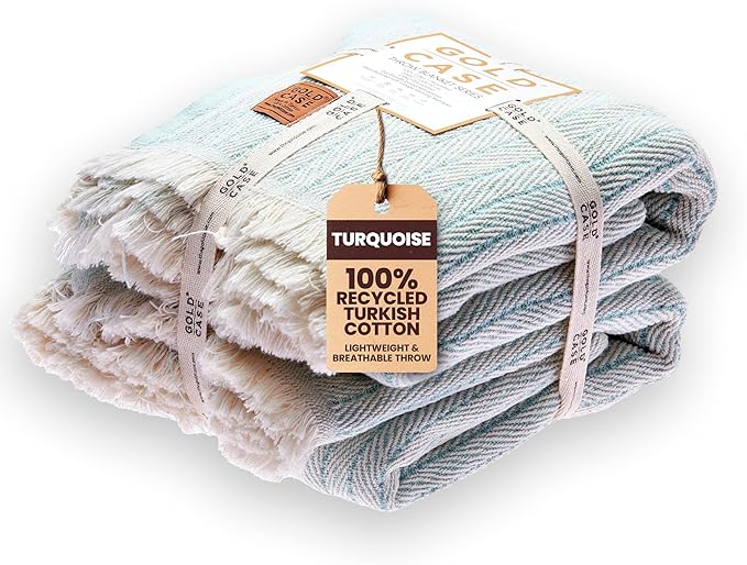 Gold Case Throw Blanket for Couch – 100% Recycled Turkish Cotton Blankets – Elegant Decorative Throw Blankets for Living Room Sofa – Woven Throws for Couch – Vintage Turquoise– 50x60 (Set of 2)-Ruum Studio Home