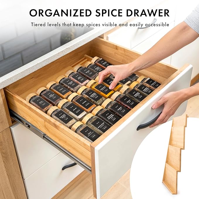 Bamboo Spice Drawer Organizer - Expandable 4 Tier Spice Rack (Need 3" Deep Drawer) 12" to 24" Wide, Seasoning Organizer, Organization Seasoning Rack insert (Jars Not Included)-Ruum Studio Home