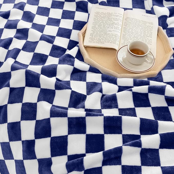 LOMAO Throw Blankets Flannel Blanket with Checkerboard Grid Pattern Soft Throw Blanket for Couch, Bed, Sofa Luxurious Warm and Cozy for All Seasons (Dark Blue, 60"x80")-Ruum Studio Home