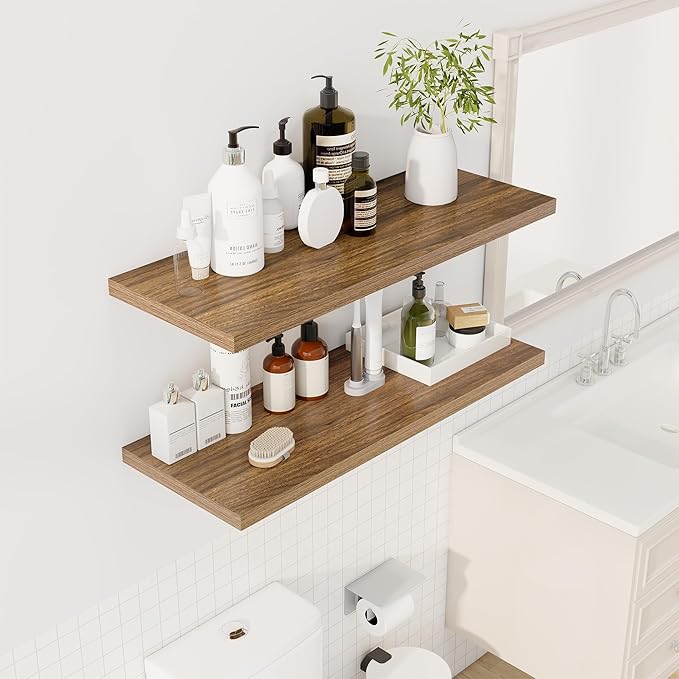 36" Floating Shelves for Wall, 12" Deep Slim Walnut Floating Shelves, Wall-Mounted Shelves for Bedroom, Living Room, Kitchen, Bathroom - Set of 2-Ruum Studio Home