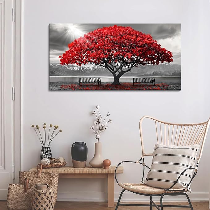 AJAZIKO Red Wall Art - Modern Framed Wall Art for Living Room - Red Tree Black and White Landscape Canvas Prints Posters & Prints for Home Office Bedroom Decorations - Large Wall Pictures 24×48IN-Ruum Studio Home